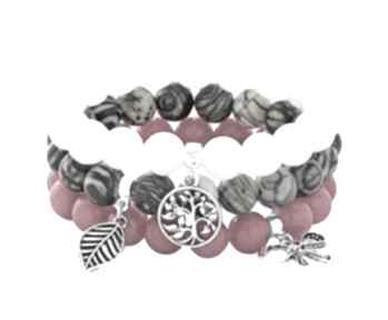 Pink, white & gray set with pendants lavoga jadeit, jaspis, listek, kokardka, drzewko