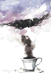 "na kawie" z dodatkiem piórka artystki laube kobieta, dekoracje adriana art surrealizm, kawa