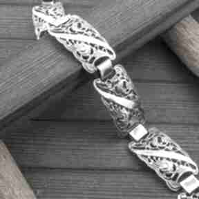 Bransoletka oksydowana ze srebra, ażurowa loopart srebrna 925- elegancka