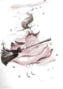 "wirowanie" akwarela artystki adriany laube - wiedźma, wiatr, jesień art kobieta - z miotłą