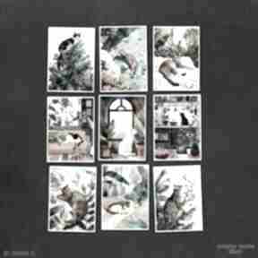 Kocie życie - zestaw 9 w rozmiarze 13x18 cm justyna jaszke kot, koty - grafiki z kotem