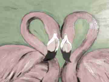 Obraz akrylowy ręcznie malowany na płótnie, tyt "heart" ewa mościszko flamingi, zwierzę