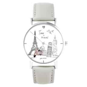 Zegarek - time to travel skórzany, beżowy zegarki yenoo, pasek, podróże, autorska grafika