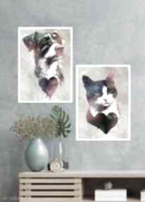 Kocia i psia miłość - 2 grafiki A4 justyna jaszke, plakat, A4, kot, pies