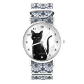 Zegarek - czarny kot, cyfry niebieski, kwiaty zegarki yenoo, nylonowy pasek, dla kociary