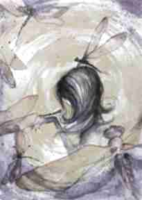 "kobieta wiatr" akwarela artystki adriany laube - obraz na papierze A3 dekoracje art - ważka