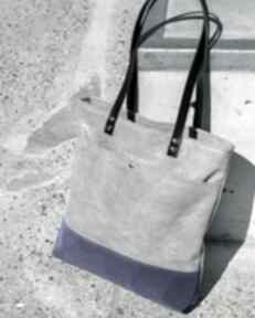 Shopper bag - chabrowy aksamit x skóra naturalna torebki