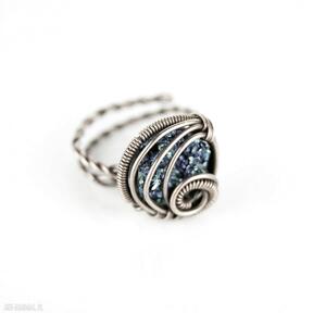 z druzą blue pearl art wire wrapping, miedziana, regulowany pierścionek, z żywicą, dla niej