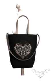 Shopper bag folk 2 czarne serce - czech draft na ramię czechdraft XXL, rozeta, filcowa, duża