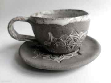 Komplet "biała mandala" 2 ceramika eva art rękodzieło, filiżanka do kawy, pomysł na prezent