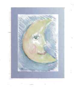 Bajkowy obraz malowany ręcznie, księżyc rysunek, akwarela do dziecięcego pokoju 30x40 pokoik