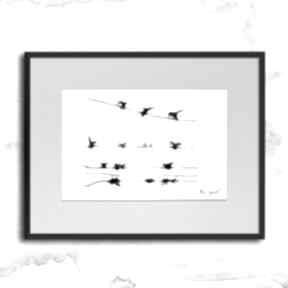 Grafika z ramą - nr 104 maja gajewska z czarno biała, ilustracja z ptakami, dekoracja do salonu