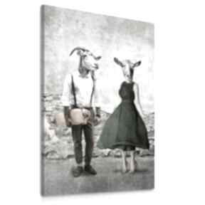 Obraz w stylu retro, para kóż kozłowskich ubrana vintage 80x120cm ludesign gallery z kozami