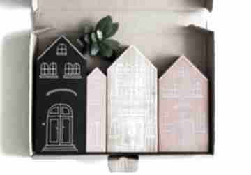 4 ręcznie malowane dekoracje wooden love domki, drewniane, kamieniczki