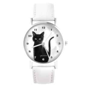 Zegarek - czarny kot, cyfry skóra, pudrowy róż zegarki yenoo, skórzany pasek, dla kociary