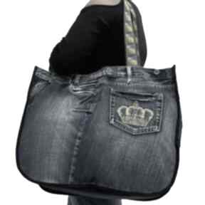 Duża torba upcykling jeans haft korona 92 od majunto na ramię, recykling, shopperka