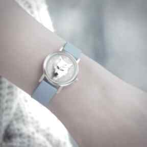 mały - biały, niebieski zegarki yenoo zegarek, silikonowy pasek, wilk, grafika autorska