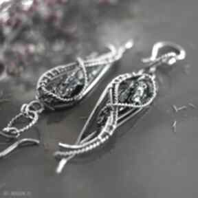 Kwarc tytanowy, kolczyki wire wrapping "galain" branicka art srebrne, minerał, srebro, długie