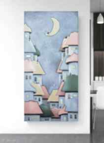 Bajkowe miasteczko kotów obraz akrylowy formatu 50x100 cm paulina lebida, płótno, domki