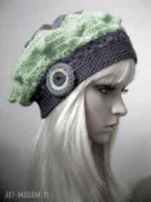 Fioletowo - zielony czapki samantha beret, ażurowy, paski, modny, jesienny, wiosenny