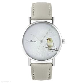 Zegarek - żółty ptaszek skórzany, beżowy zegarki liliarts, pasek, ptak, grafika autorska