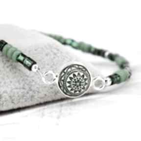 Zielona minimalistyczna bransoletka srebro i szkło z mozaiką silvella