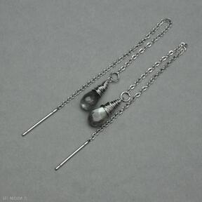 Kolczyki minimalistyczne labradoryt krople na łańcuszkach wire wrapping agata rozanska, długie