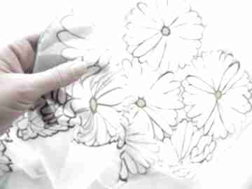 biały, ręcznie w stokrotki i minkulul szal, chustka jedwab, gawroszka kwiaty duże, malowana