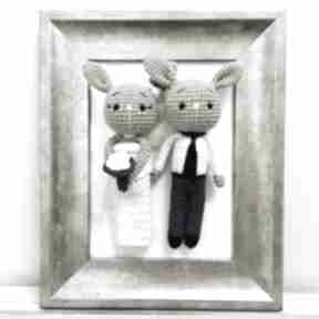 Młoda para króliczki ślubne maskotki w złotej ramce obraz 3d ślub splotomaniaa, prezent