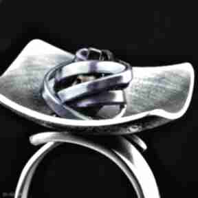 Srebrny industrialny pierścionek regulowany, z tytanem, tytanowy shambala, pierścień