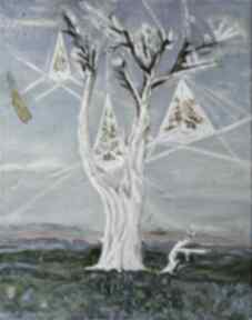 Surrealizm: goszczycka białe drzewo spadająca gwiazda, obraz olejny na prezent