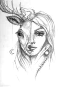 rysunek artystki laube portret, kobieta, adriana art ołówkiem, jeleń, zwierzę obraz