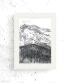 Góry rysunek 30x40, ręcznie malowany pejzaż, czarno biały obrazek z górami, grafika A3 annasko