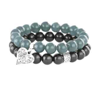 Sea green black jade with bead heart morski jadeit serce zestaw