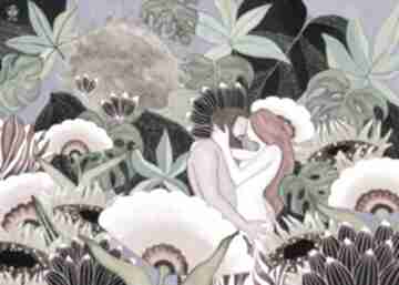 Grafika "w ogrodzie" 50x70 cm janka zaborowska kochankowie, miłość, mężczyzna kobieta, botanika