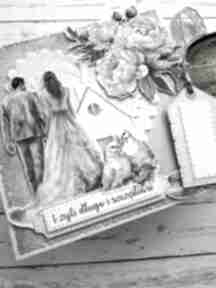 Kartka ślubna z piwoniami i kieszonką scrapbooking za craftowane, na ślub, żyli długo