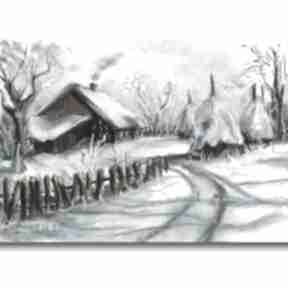 Zimowo sucha pastel bajkowa pracownia chaty, wieś, skansen, folk, płot, wspomnienia