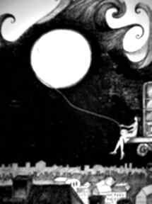 Rysunek piórkiem księżyc z włóczki artystki plastyka adriany laube dekoracje art noc, kobieta