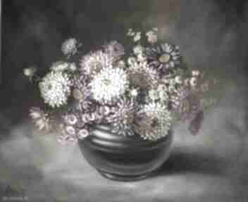 Astry, kwiaty w wazonie, ręcznie malowany obraz olejny, L olbrycht lidia paint sztuka, ogród