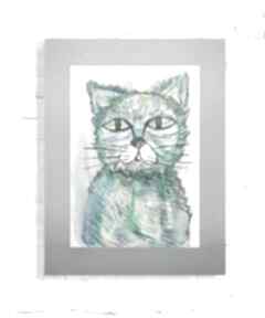 Kot obrazek malowany ręcznie, oryginalna grafika z kotem, akwarela rysunek, ilustracja pokoik