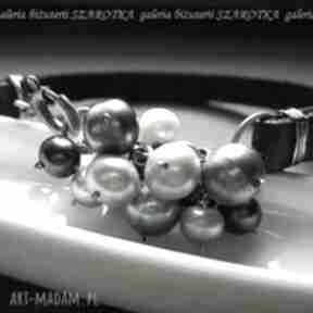 Perły w skórze bransoletka z naturalnych pereł, rzemienia i srebra szarotka, rzeczne, rzemień