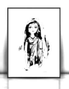 Biało czarny plakat z dziewczyną, hinduską, kobieta, minimalizm plakaty annasko grafika