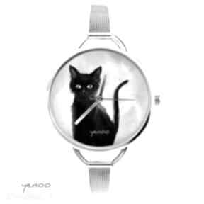 Zegarek, czarny kot szary zegarki yenoo modny, bransoleta, kotek, prezent, malowany