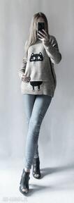 Bluza, sweter z kapturem bellafeltro, aplikacją, kotem, oversize