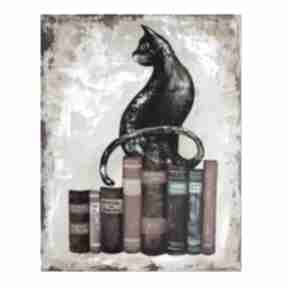 bibliofil, na aleksandrab obraz, malowany, płótnie, kot, książki, prezent