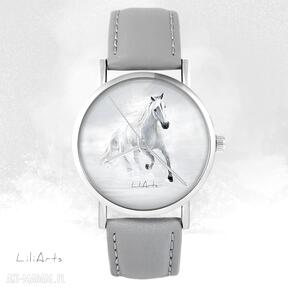 Zegarek - biały koń biegnący szary, skórzany zegarki yenoo, bransoletka, unikatowy