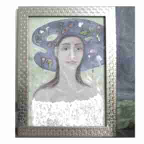 Portret w złotej ramce elisabeth artystki, z paletą, kapelusz, mały format, olejny ela