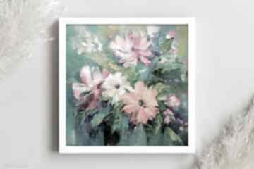 Abstrakcyjny obraz kwiaty - bukiet kwiatów na turkusowym tle 50x50 cm annsayuri art
