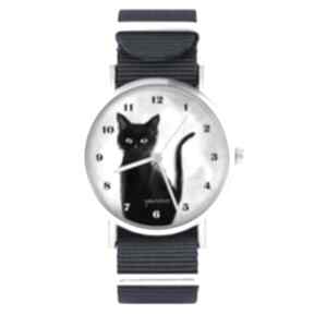 Zegarek - czarny kot, cyfry granatowy, nylonowy zegarki yenoo, pasek, dla kociary, niej