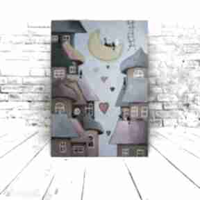 Bajkowe miasteczko - obraz akrylowy formatu 30x40 cm paulina lebida domki, serduszka, akryl